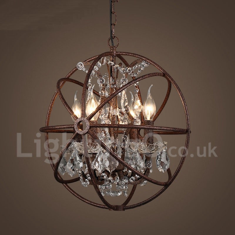 4 Licht Durchmesser 40CM Vintage Kristall Globe Malerei Metall Kronleuchter Rostige Farbe Pendelleuchte