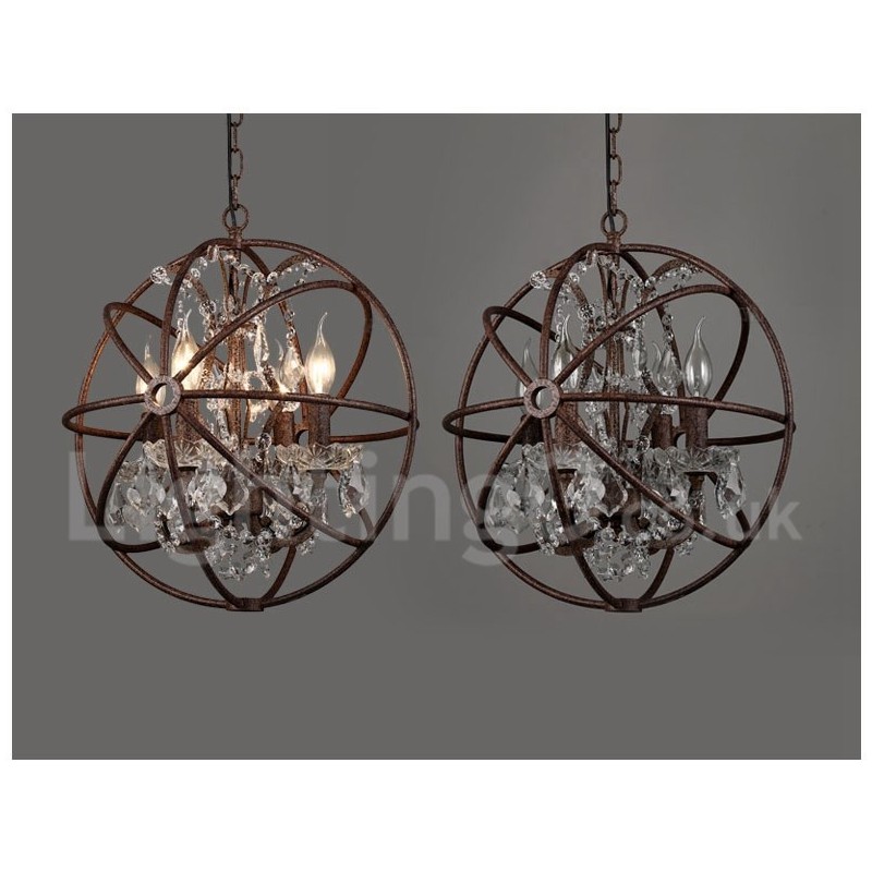 4 Licht Durchmesser 40CM Vintage Kristall Globe Malerei Metall Kronleuchter Rostige Farbe Pendelleuchte
