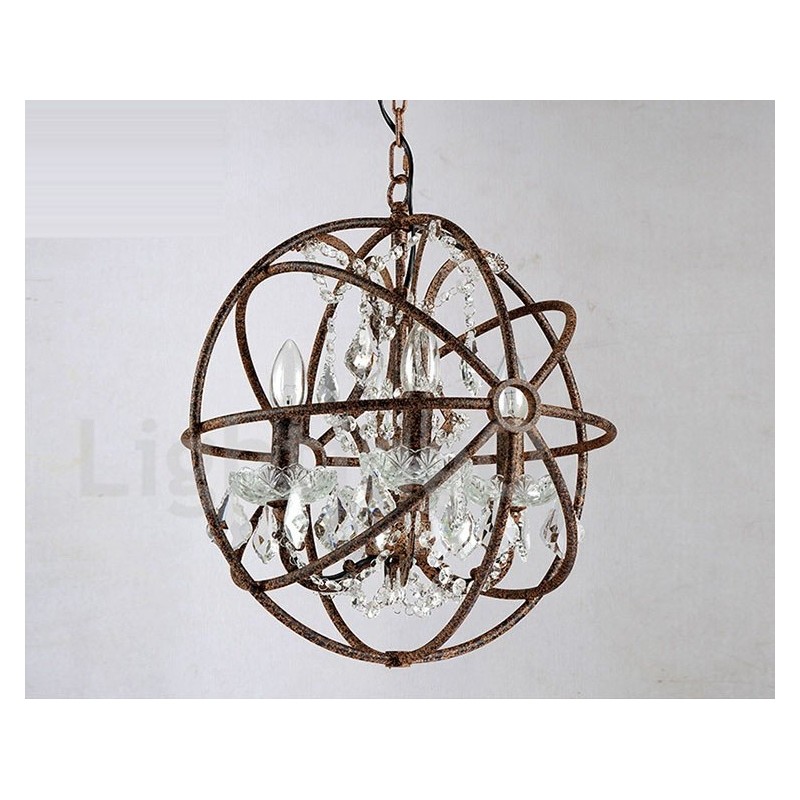 4 Licht Durchmesser 40CM Vintage Kristall Globe Malerei Metall Kronleuchter Rostige Farbe Pendelleuchte