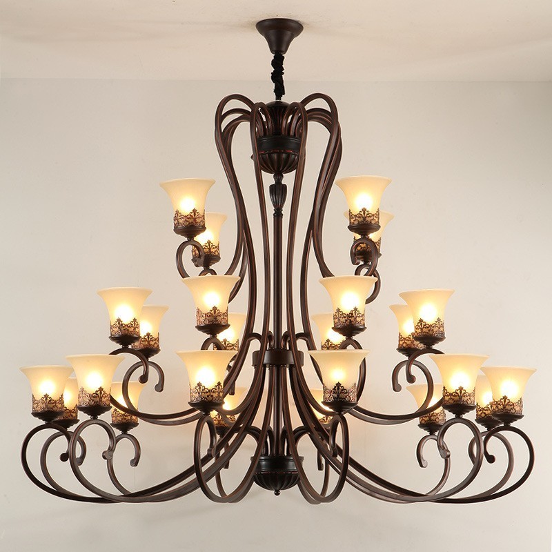 24 Lichter Hohe Decke Vintage Country Island Malerei Metall Kronleuchter mit Glasschirmen Hohe Decke