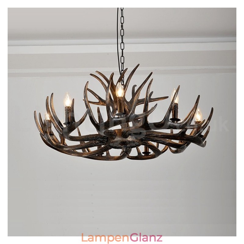 Rustikaler, künstlerischer Retro-Kronleuchter mit Geweih in Schwarz mit 9 Lichtern