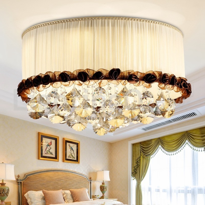 Zeitgenössische moderne 50CM Runde Flush Mount Kristall Deckenleuchten Stoff Schatten