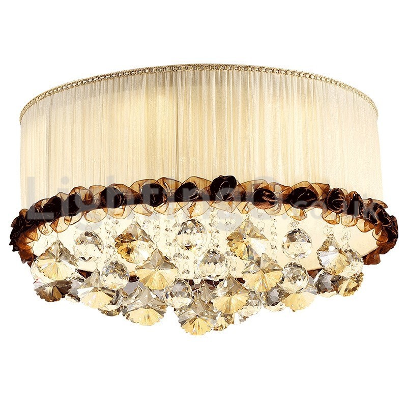 Zeitgenössische moderne 50CM Runde Flush Mount Kristall Deckenleuchten Stoff Schatten