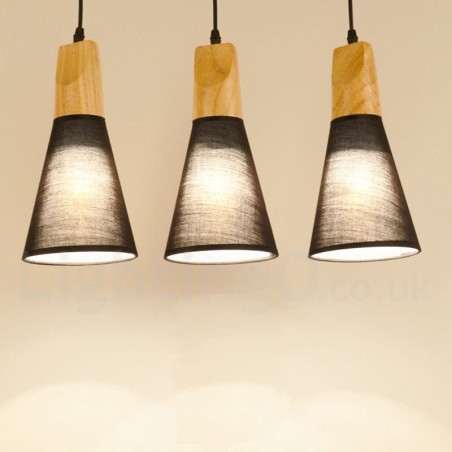 Moderne Pendelleuchte aus Holz mit 1 Licht und 3 Lichtern und Stoffschirm Moderne Pendelleuchte aus Holz mit 1 Licht und 3 Lichtern und Stoffschirm