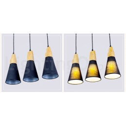 Moderne Pendelleuchte aus Holz mit 1 Licht und 3 Lichtern und Stoffschirm