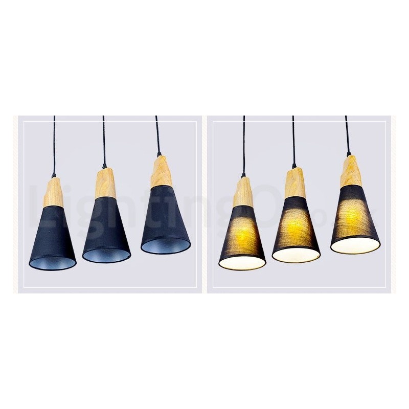 Moderne Pendelleuchte aus Holz mit 1 Licht und 3 Lichtern und Stoffschirm