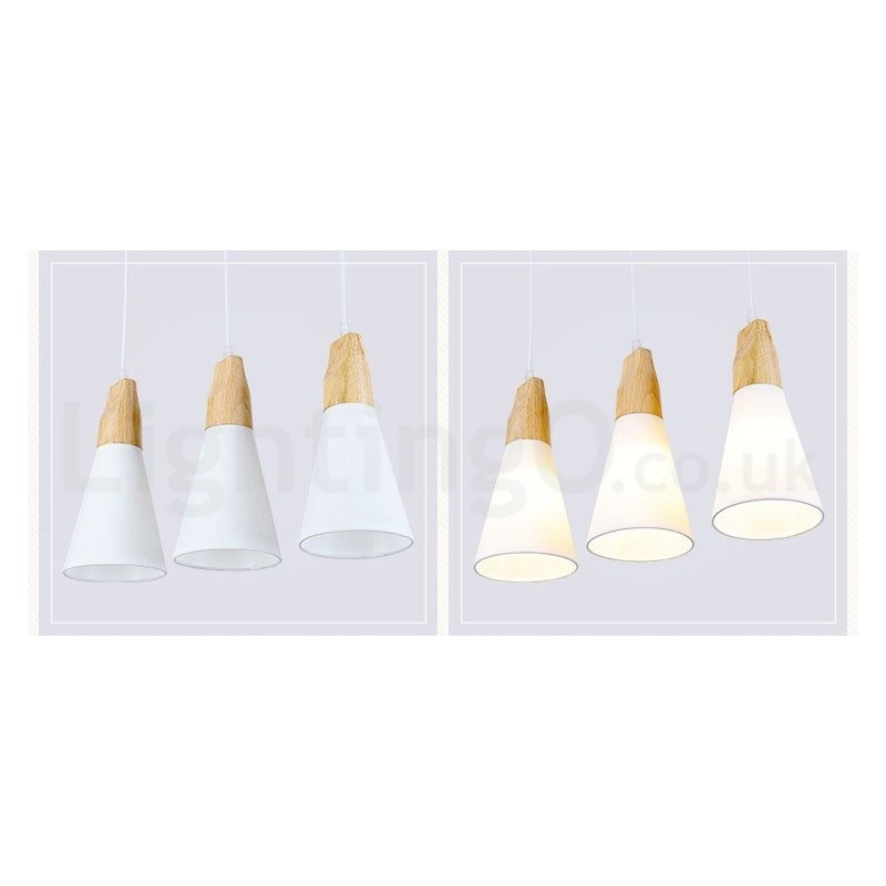 Moderne Pendelleuchte aus Holz mit 1 Licht und 3 Lichtern und Stoffschirm