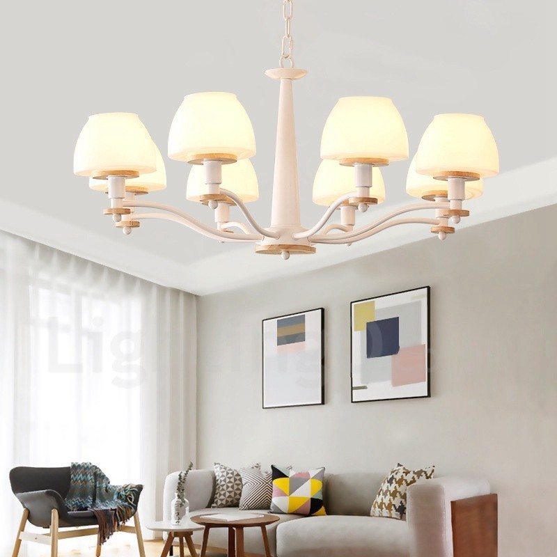 6-flammig 8-flammig Mehrfarbig Macaron Holz Pendelleuchte mit Glasschirmen Kronleuchter Nordischer Stil