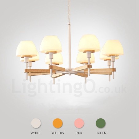 6-flammig 8-flammig Mehrfarbig Macaron Holz Pendelleuchte mit Glasschirmen Kronleuchter Nordischer Stil 6-flammig 8-flammig Mehrfarbig Macaron Holz Pendelleuchte mit Glasschirmen Kronleuchter Nordischer Stil
