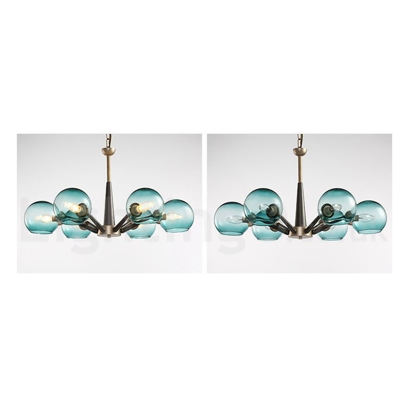 Rustikaler Kronleuchter im Retro-Vintage-Stil „Magic Bean“ mit mehrfarbigen Glasschirmen