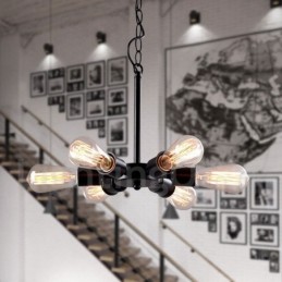 6-flammige Hängeleuchte im rustikalen Retro-Vintage-Stil in Schwarz