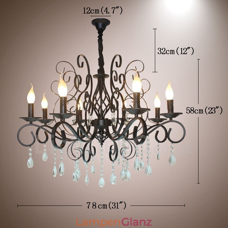 8 Licht Kristall Rustikal Retro Vintage Schwarz Anhänger Kerze Kronleuchter