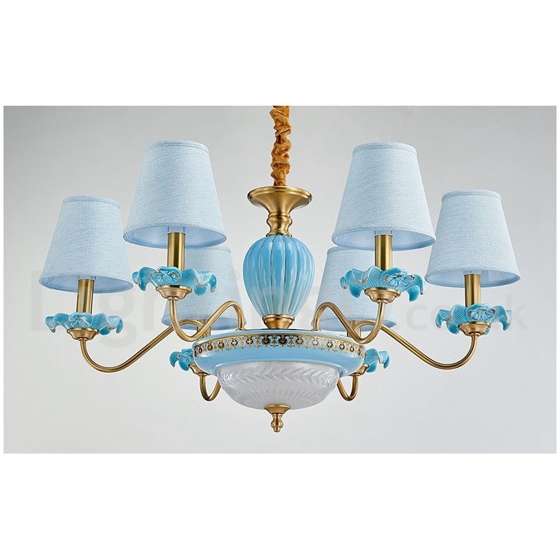 Retro Vintage Messing Keramik Anhänger Kerze Kronleuchter mit blauen Stoffschirmen