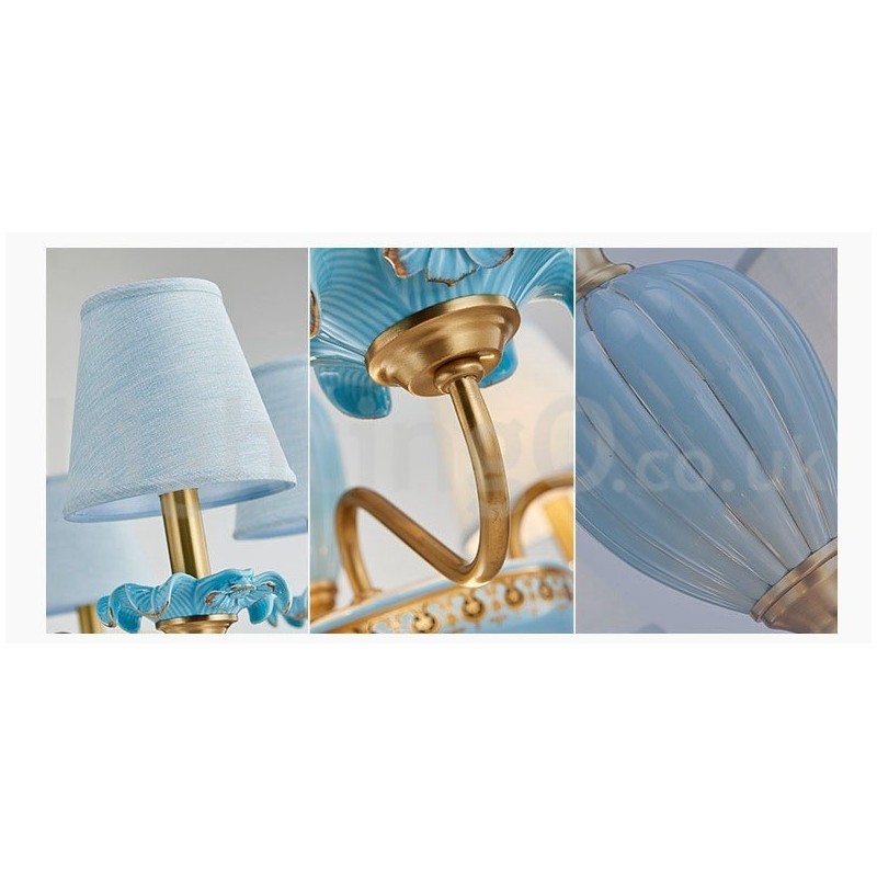 Retro Vintage Messing Keramik Anhänger Kerze Kronleuchter mit blauen Stoffschirmen