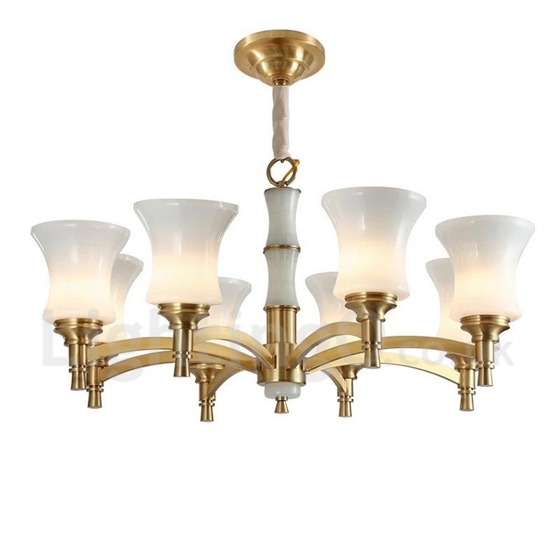 Luxuriöser rustikaler Retro-Kerzenleuchter aus reinem Messing im Vintage-Stil mit Steinanhänger und Glasschirmen