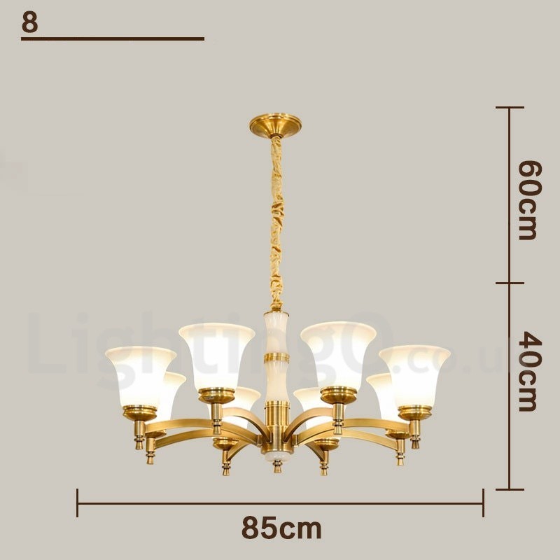 Luxuriöser rustikaler Retro-Kerzenleuchter aus reinem Messing im Vintage-Stil mit Steinanhänger und Glasschirmen