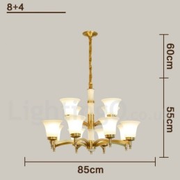 Luxuriöser rustikaler Retro-Kerzenleuchter aus reinem Messing im Vintage-Stil mit Steinanhänger und Glasschirmen