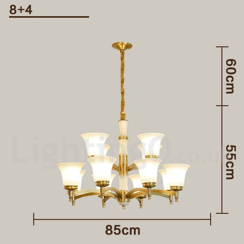 Luxuriöser rustikaler Retro-Kerzenleuchter aus reinem Messing im Vintage-Stil mit Steinanhänger und Glasschirmen