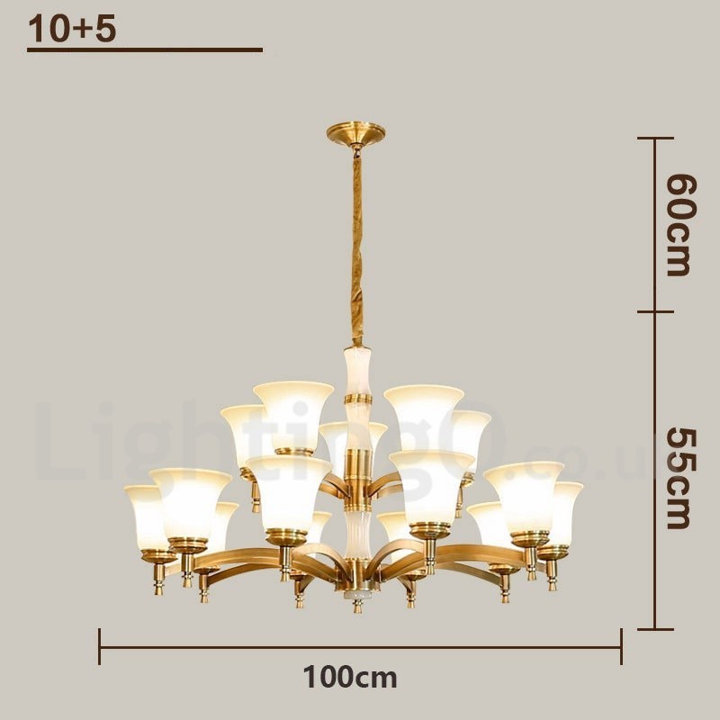 Luxuriöser rustikaler Retro-Kerzenleuchter aus reinem Messing im Vintage-Stil mit Steinanhänger und Glasschirmen