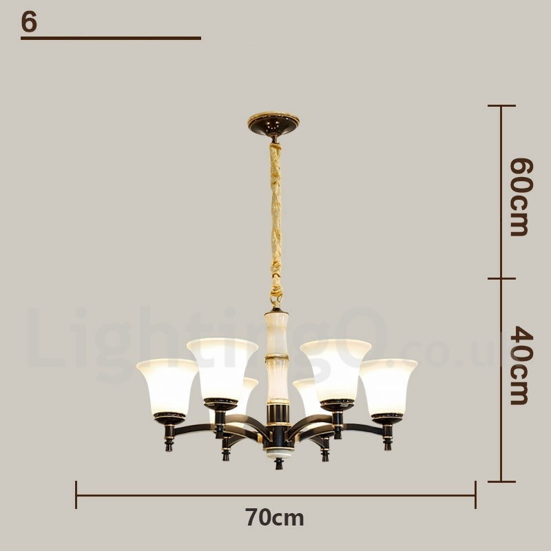 Luxuriöser rustikaler Retro-Kerzenleuchter aus reinem Messing im Vintage-Stil mit Steinanhänger und Glasschirmen