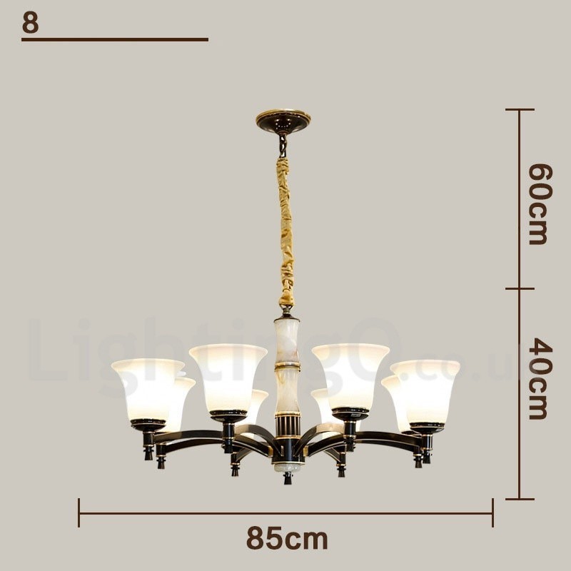 Luxuriöser rustikaler Retro-Kerzenleuchter aus reinem Messing im Vintage-Stil mit Steinanhänger und Glasschirmen