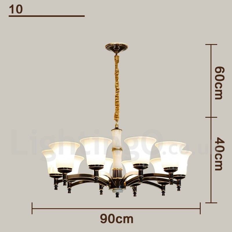 Luxuriöser rustikaler Retro-Kerzenleuchter aus reinem Messing im Vintage-Stil mit Steinanhänger und Glasschirmen
