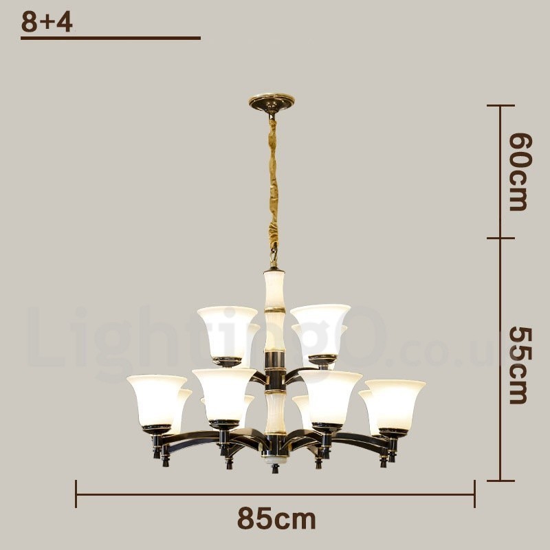 Luxuriöser rustikaler Retro-Kerzenleuchter aus reinem Messing im Vintage-Stil mit Steinanhänger und Glasschirmen