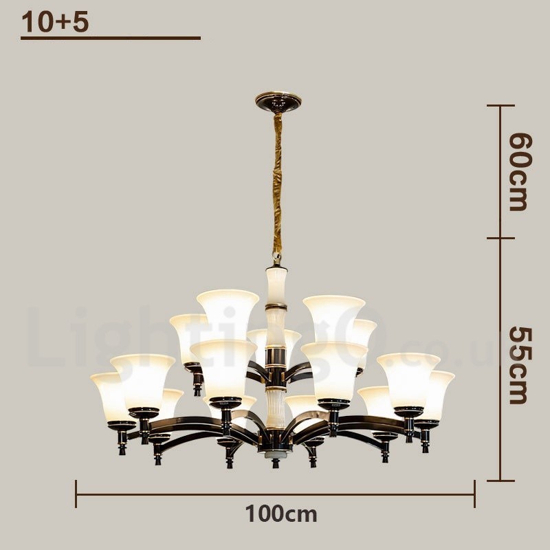 Luxuriöser rustikaler Retro-Kerzenleuchter aus reinem Messing im Vintage-Stil mit Steinanhänger und Glasschirmen