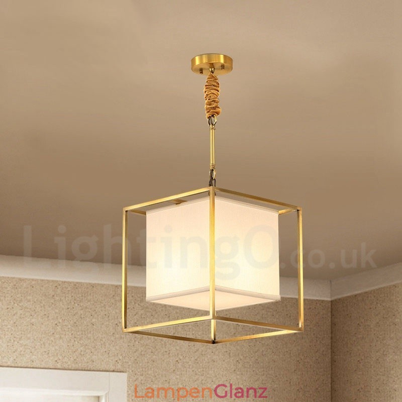 Hängeleuchte aus reinem Messing, schlicht, rustikal, Retro, Vintage, Messing, mit Stoffschirm