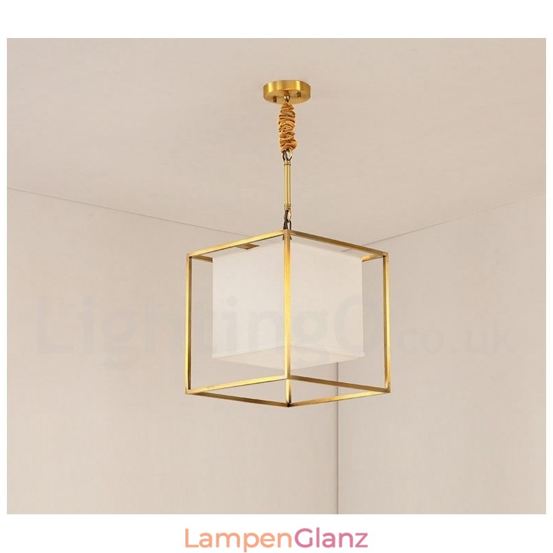 Hängeleuchte aus reinem Messing, schlicht, rustikal, Retro, Vintage, Messing, mit Stoffschirm