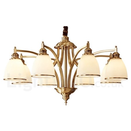 Großer luxuriöser rustikaler Retro-Vintage-Kronleuchter aus reinem Messing mit Glasschirmen Großer luxuriöser rustikaler Retro-Vintage-Kronleuchter aus reinem Messing mit Glasschirmen