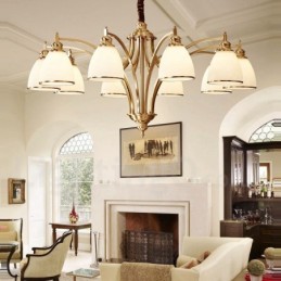 Großer luxuriöser rustikaler Retro-Vintage-Kronleuchter aus reinem Messing mit Glasschirmen