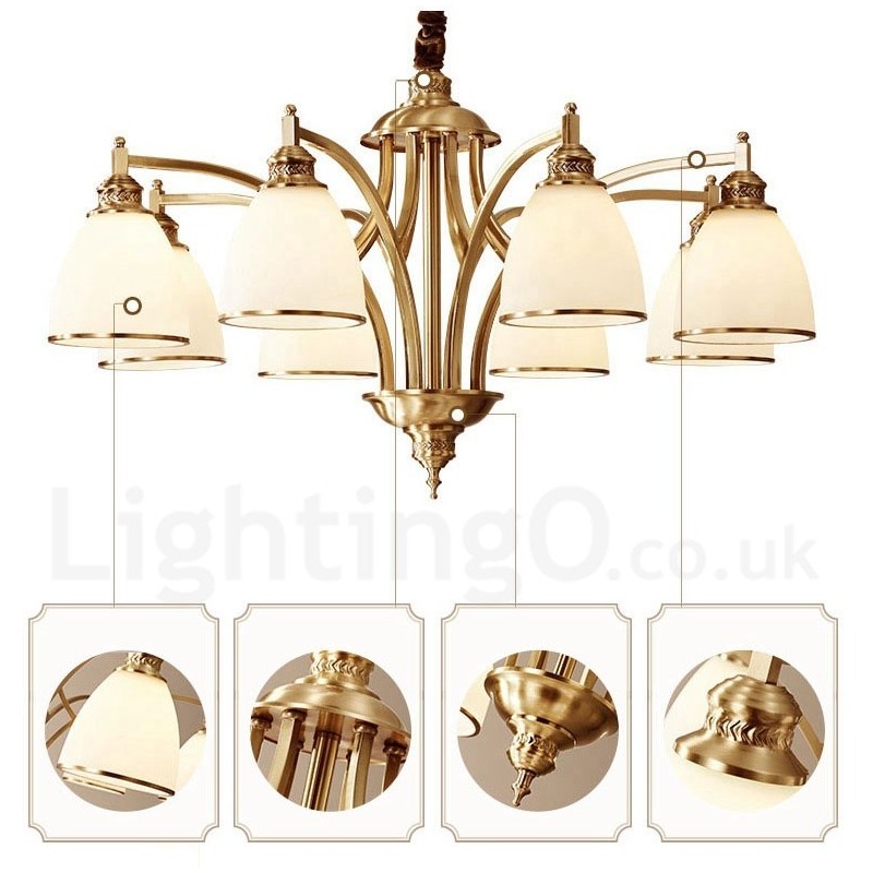Großer luxuriöser rustikaler Retro-Vintage-Kronleuchter aus reinem Messing mit Glasschirmen