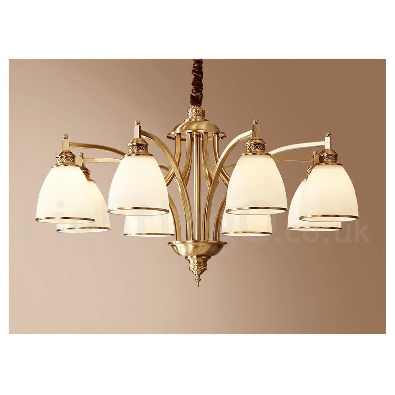 Großer luxuriöser rustikaler Retro-Vintage-Kronleuchter aus reinem Messing mit Glasschirmen