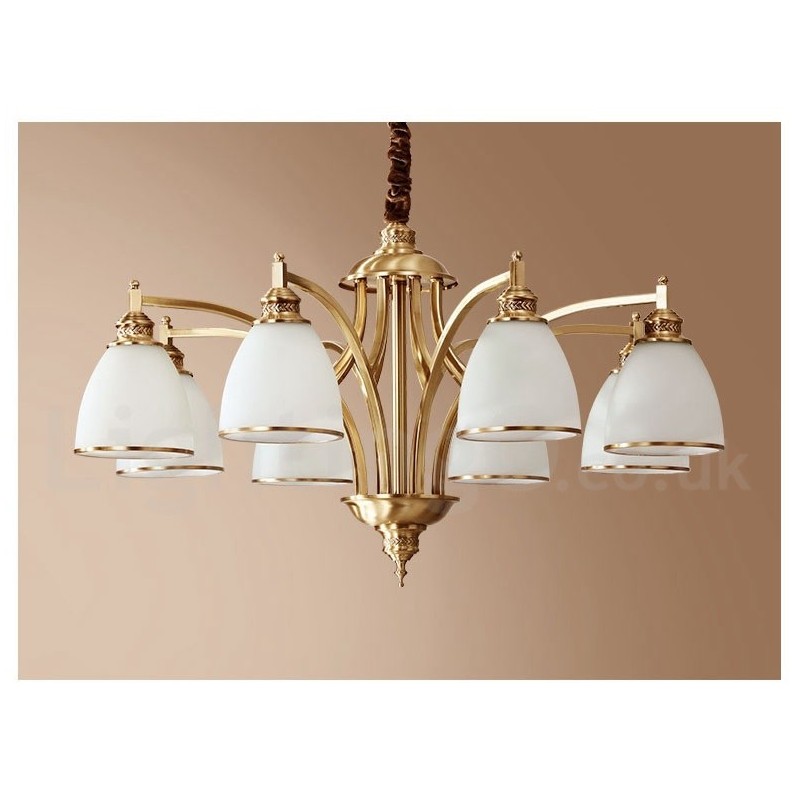 Großer luxuriöser rustikaler Retro-Vintage-Kronleuchter aus reinem Messing mit Glasschirmen