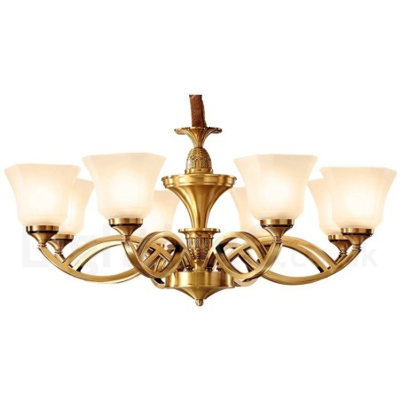 Großer luxuriöser rustikaler Retro-Vintage-Kronleuchter aus reinem Messing mit Glasschirmen Großer luxuriöser rustikaler Retro-Vintage-Kronleuchter aus reinem Messing mit Glasschirmen