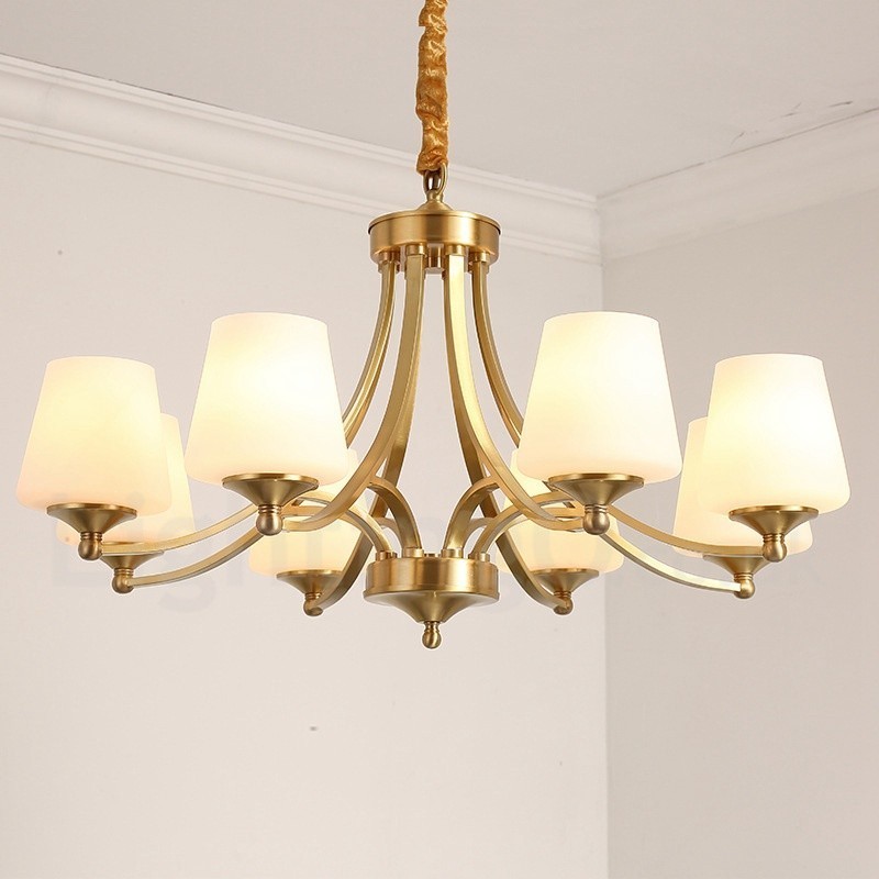 Großer luxuriöser rustikaler Retro-Vintage-Kronleuchter aus reinem Messing mit Glasschirmen