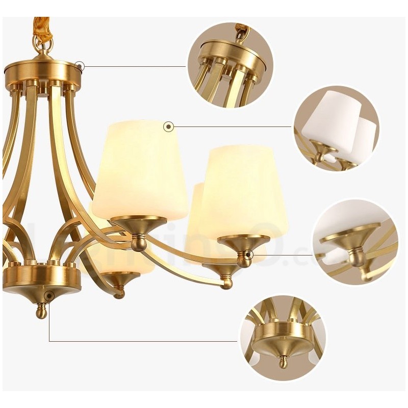Großer luxuriöser rustikaler Retro-Vintage-Kronleuchter aus reinem Messing mit Glasschirmen