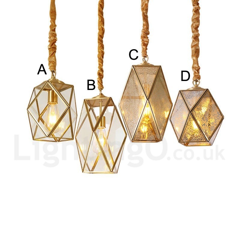 Hängeleuchte im rustikalen Lodge-Stil aus reinem Messing mit Glasschirm