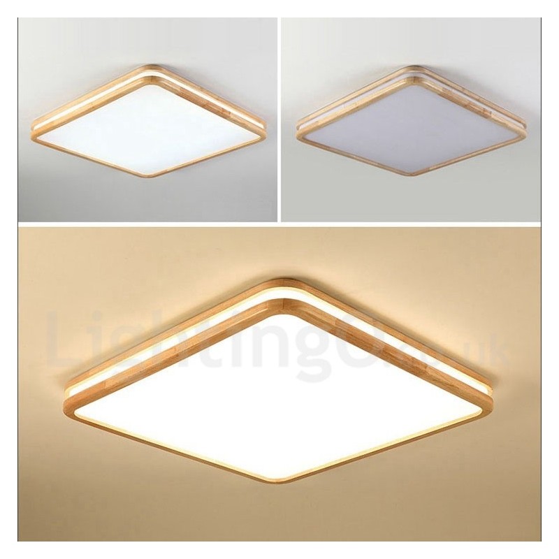 Quadratische Deckenleuchte aus Holz mit Linse, moderne, zeitgenössische Deckenleuchte im nordischen Stil, mit Acrylschirm und Fernbedienung, kann auch als Wandleuchte verwendet werden.
