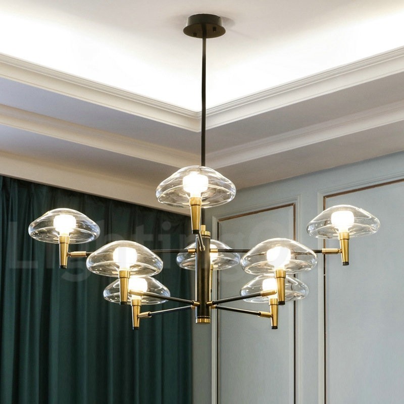 Kronleuchter mit 8 Lichtern, galvanisiert, lackiert, mit Glasschirmen