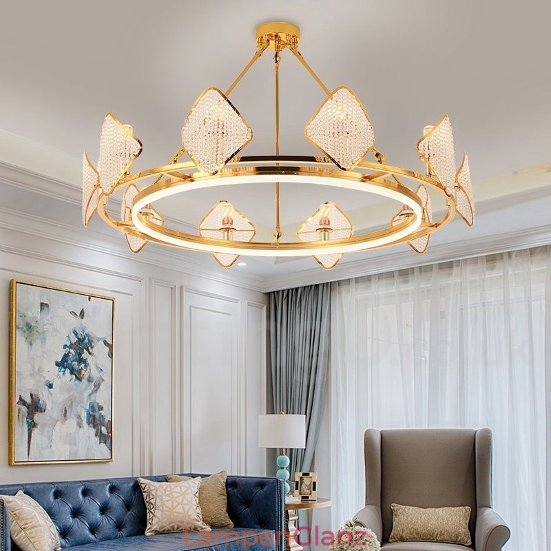 Gold Postmodern Luxus Runde K9 Kristall Pendelleuchte Kronleuchter Licht mit Acryl Schatten Ausstellungshalle