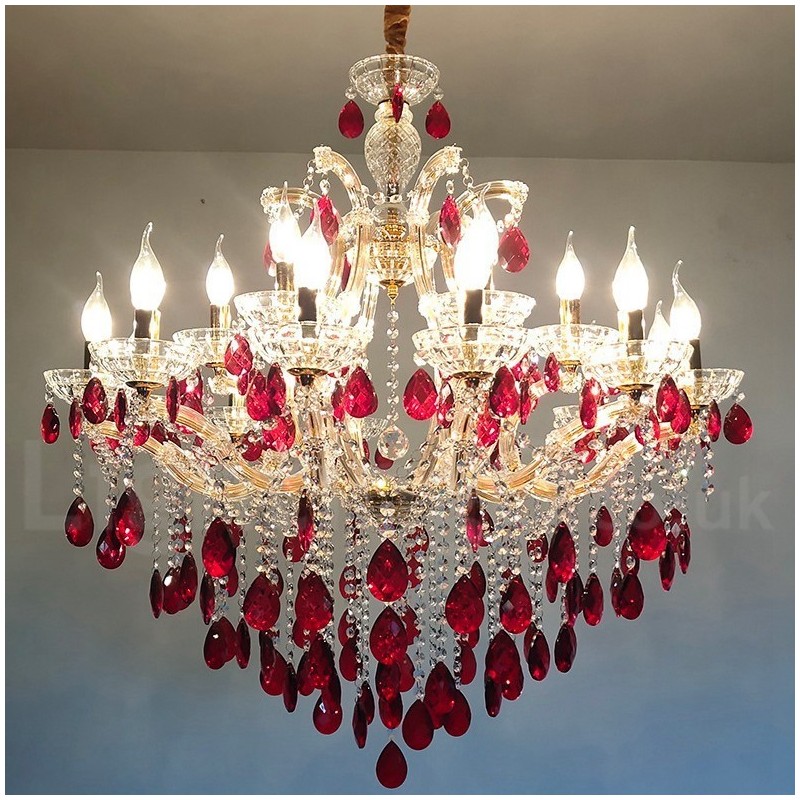 18 (12+6) Lichter luxuriöser roter Kristallkerzen-Goldkronleuchter