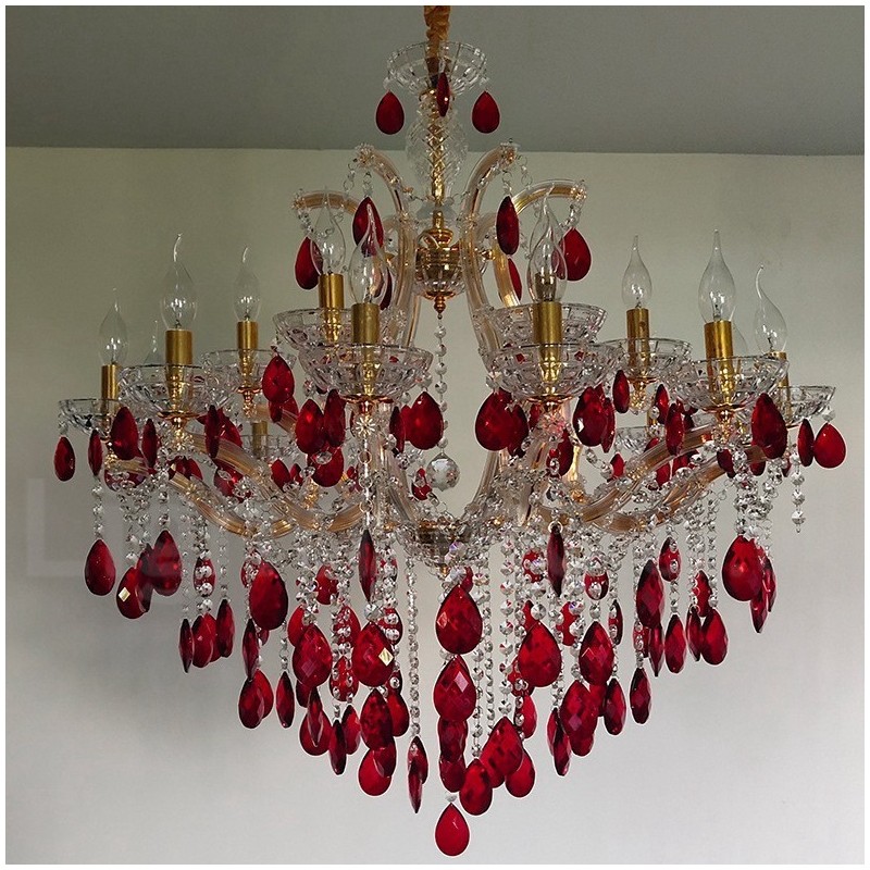 18 (12+6) Lichter luxuriöser roter Kristallkerzen-Goldkronleuchter