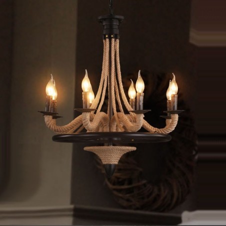 8-flammige Kerze im Industriestil, Hanfseil-Anhänger, Kronleuchter 8-flammige Kerze im Industriestil, Hanfseil-Anhänger, Kronleuchter