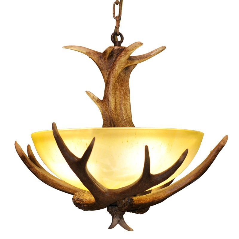 One Light Rustikale, künstlerische Retro-Pendelleuchte mit Geweih und antikem Glasschirm