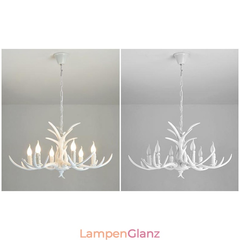 6-flammiger weißer rustikaler künstlerischer Retro-Kronleuchter im Geweih-Stil