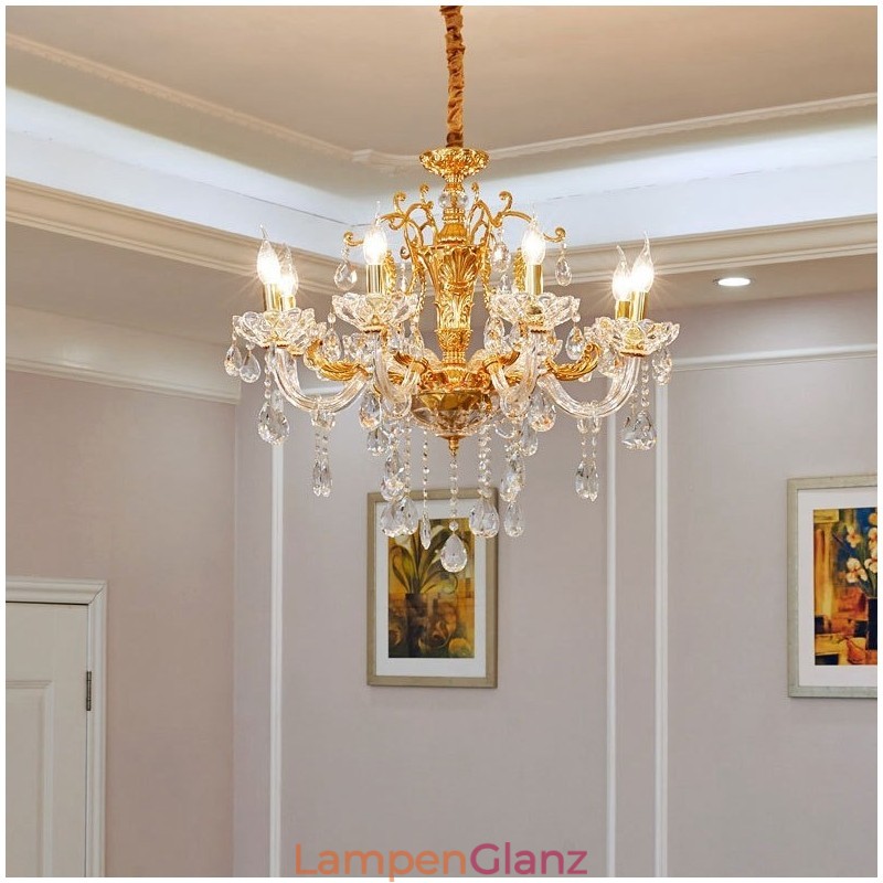 Luxuriöser Kronleuchter mit 6 und 8 Lichtern, goldfarbener Kristallkerzenleuchter