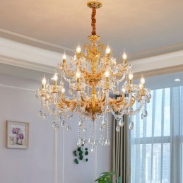 Luxuriöser Kronleuchter mit 18 Lichtern und zwei Ebenen, goldfarben, Kristall