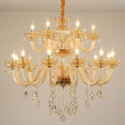 Eleganter Kristall-Kronleuchter, europäische Cognac-Farbe, Deckenleuchte, Glaskörper, doppellagig, 12 + 6 Lichter